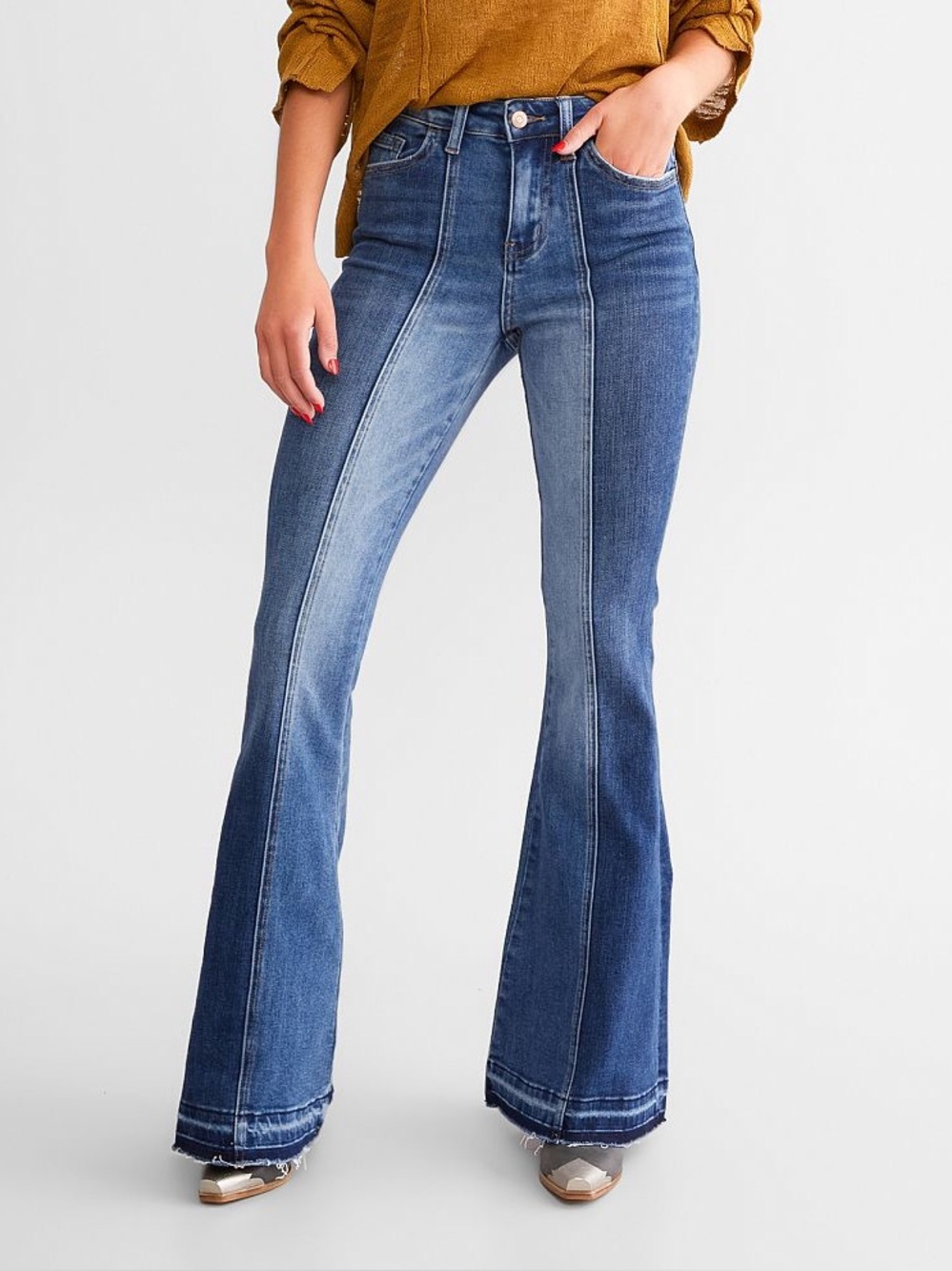 Flying Monkey High Rise Super Flare Stretch Jean in Ecstatically Wash Size 28